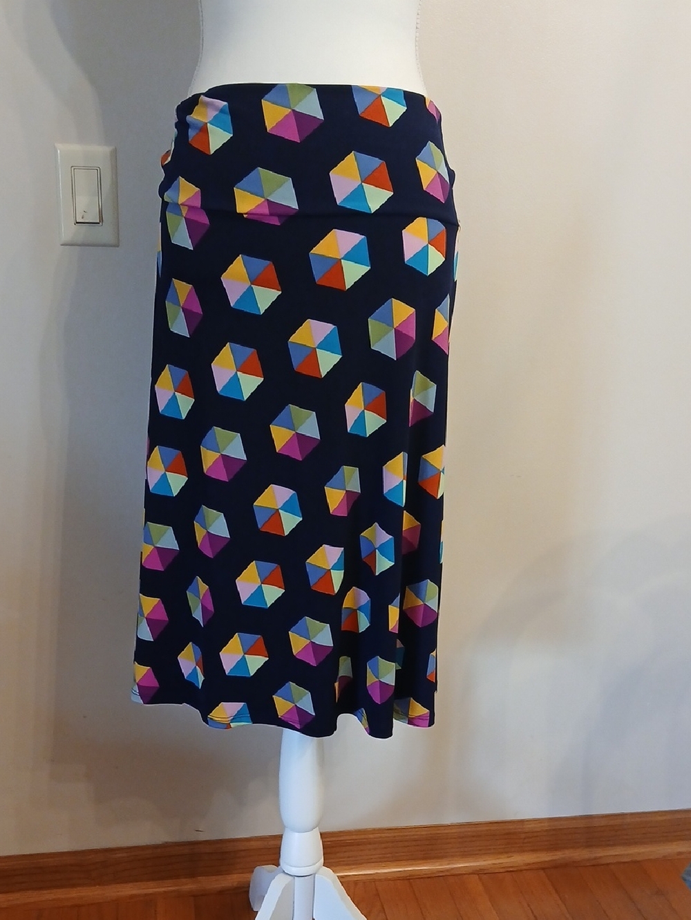 LuLaRoe Navy Midi Skirt with Colorful Geometric Print NWOT